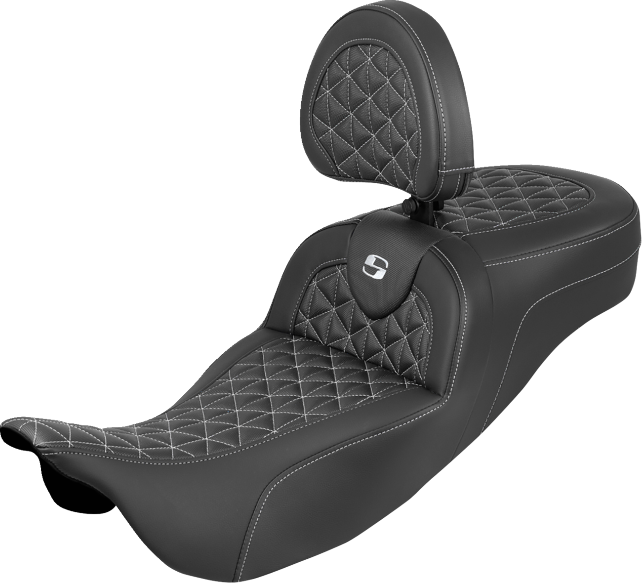SADDLEMEN RoadSofa™ Tri Gripper Seat - Extended Reach - White Stitch - w/ Backrest - FLH/FLT '08-'25 808-07B-211B6