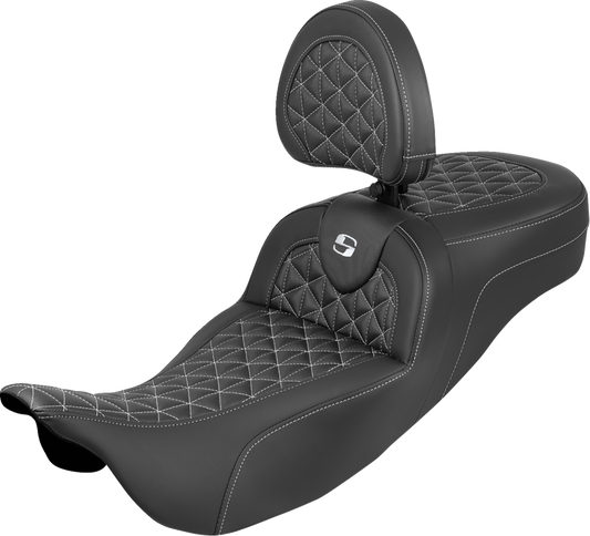 SADDLEMEN RoadSofa™ Tri Gripper Seat - Extended Reach - White Stitch - w/ Backrest - FLH/FLT '08-'25 808-07B-211B6