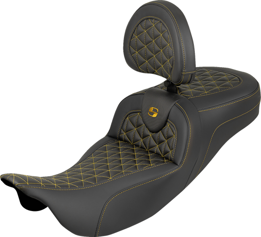 SADDLEMEN RoadSofa™ Tri Gripper Seat - Standard Reach - Gold Stitch - w/ Backrest - FLH/FLT '08-'25 808-07B-211B7