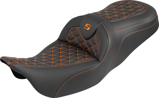 SADDLEMEN RoadSofa™ Tri Gripper Seat - Standard Reach - Orange Stitch - w/o Backrest - FLH/FLT '08-'25 808-07B-21003