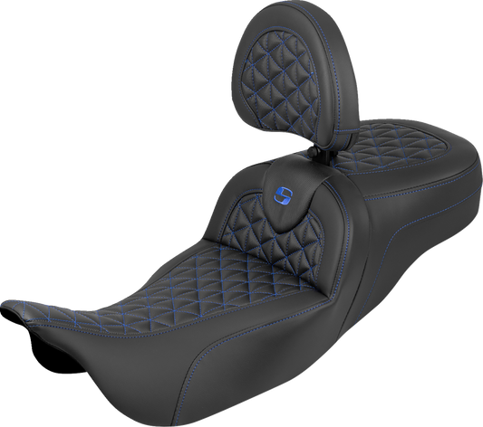 SADDLEMEN RoadSofa™ Tri Gripper Seat - Extended Reach - Blue Stitch - w/ Backrest - FLH/FLT '08-'25 808-07B-211B1