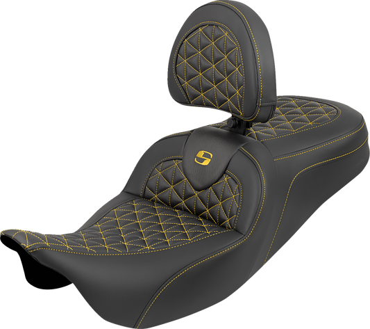 SADDLEMEN RoadSofa™ Tri Gripper Seat - Standard Reach - Gold Stitch - w/ Backrest - FLH/FLT '08-'25 808-07B-210B7