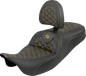 SADDLEMEN RoadSofa™ Tri Gripper Seat - Standard Reach - Gold Stitch - w/ Backrest - FLH/FLT '08-'25 808-07B-210B7
