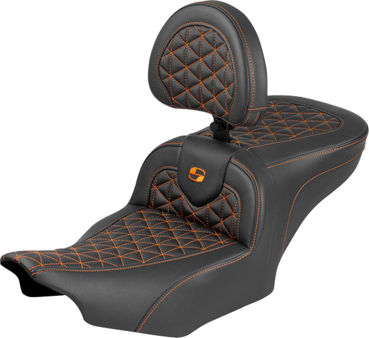 SADDLEMEN Roadsofa™ Seat - with Backrest - Orange Stitch - FLH/FLT '23-'25 823-07-210B3