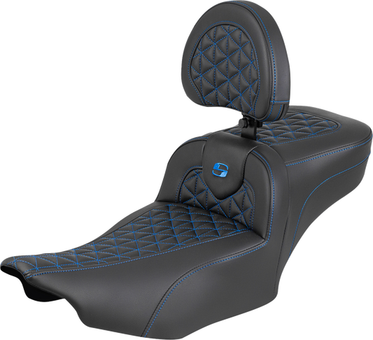 SADDLEMEN Roadsofa™ Extended Reach Seat - with Backrest - Blue Stitch - FLH/FLT '23-'25 823-07-211B1