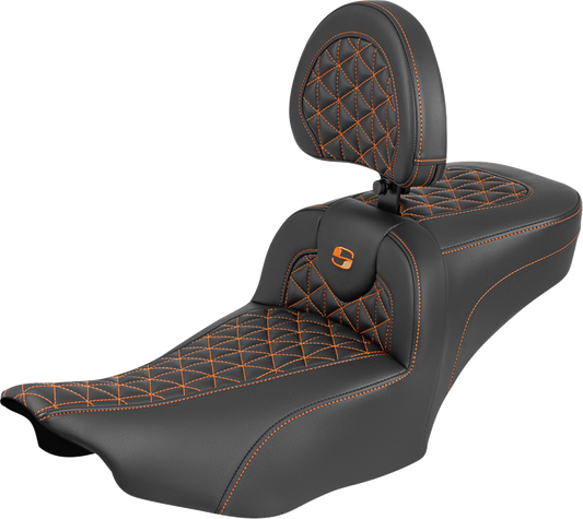 SADDLEMEN Roadsofa™ Extended Reach Seat - with Backrest - Orange Stitch - FLH/FLT '23-'25 823-07-211B3