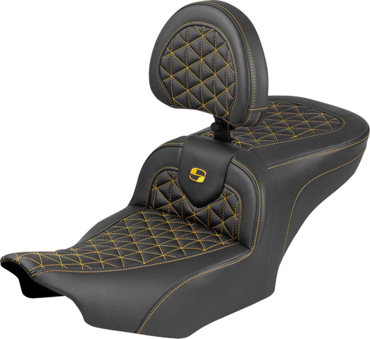 SADDLEMEN Roadsofa™ Seat - with Backrest - Gold Stitch - FLH/FLT '23-'25 823-07-210B7