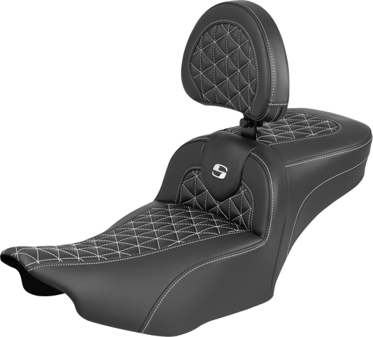 SADDLEMEN Roadsofa™ Extended Reach Seat - with Backrest - White Stitch - FLH/FLT '23-'25 823-07-211B6