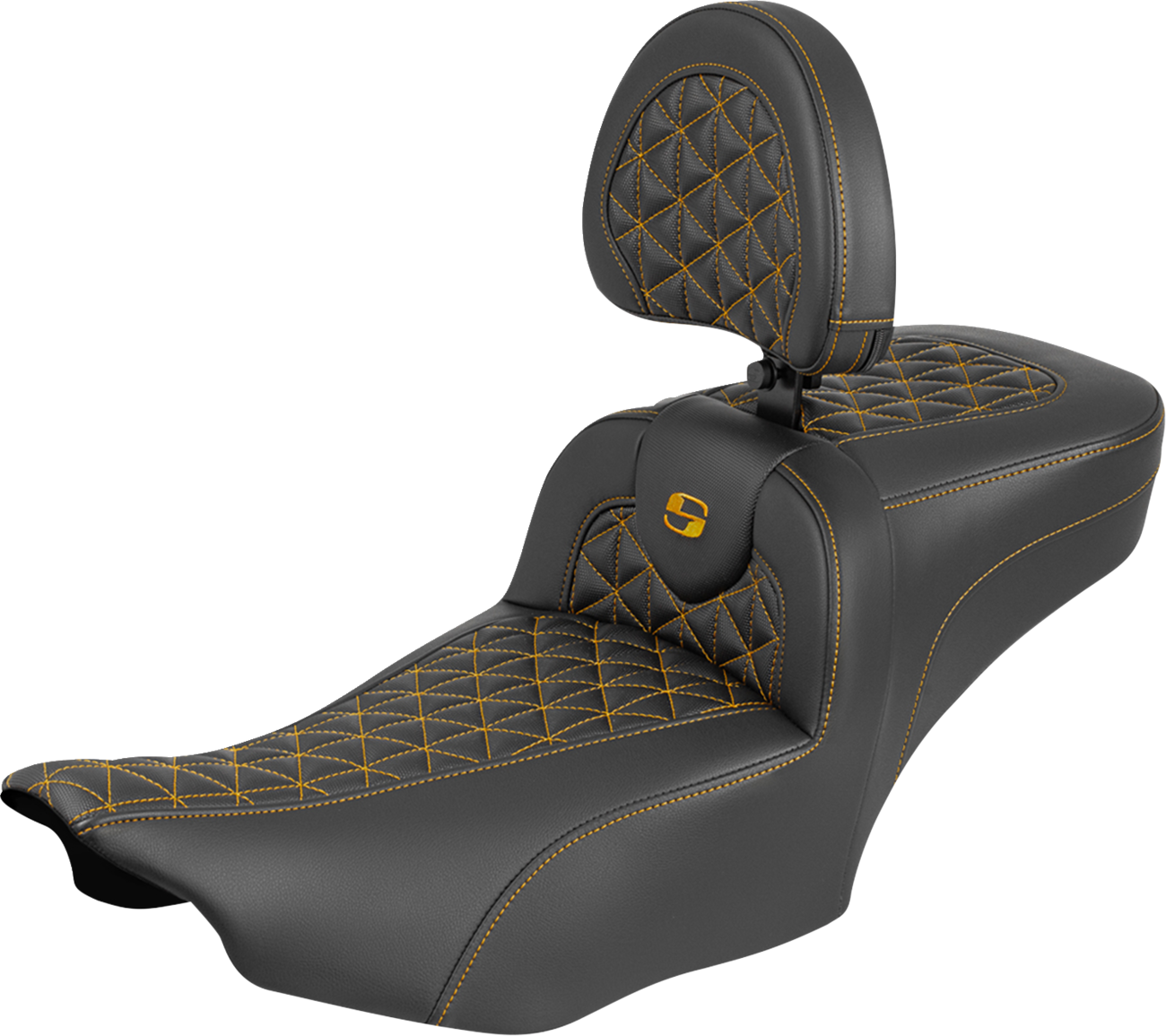 SADDLEMEN Roadsofa™ Extended Reach Seat - with Backrest - Gold Stitch - FLH/FLT '23-'25 823-07-211B7