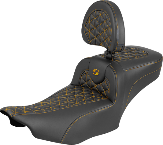 SADDLEMEN Roadsofa™ Extended Reach Seat - with Backrest - Gold Stitch - FLH/FLT '23-'25 823-07-211B7