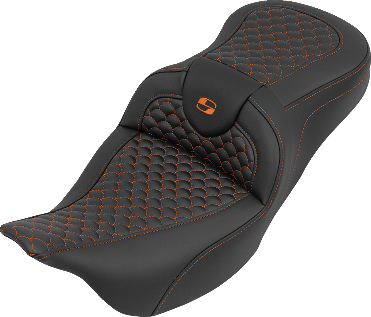 SADDLEMEN Roadsofa™ Seat - without Backrest - Dragon Stitch - Orange Stitch - FLH/FLT '08-'25 808-07B-20803