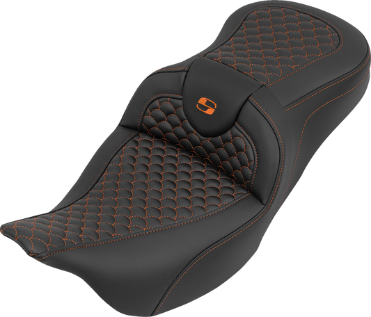 SADDLEMEN Roadsofa™ Seat - without Backrest - Dragon Stitch - Orange Stitch - FLH/FLT '08-'25 808-07B-20803