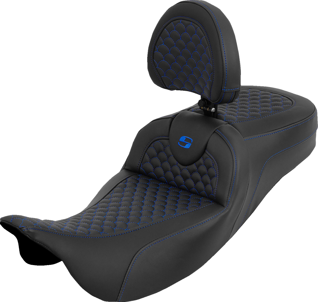 SADDLEMEN Extended Reach Roadsofa™ Seat - Dragon Scale - Blue Stitch - with Backrest - Touring '08-'25 808-07B-209B1