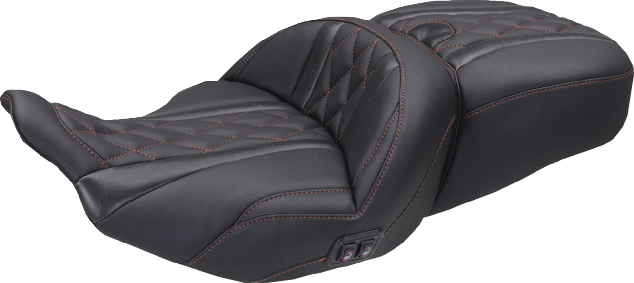 MUSTANG Heated Super Touring One Piece 2-Up Seat - Deluxe Diamond - American Beauty Stitch - FLT/FLH '23-'26 89410AB