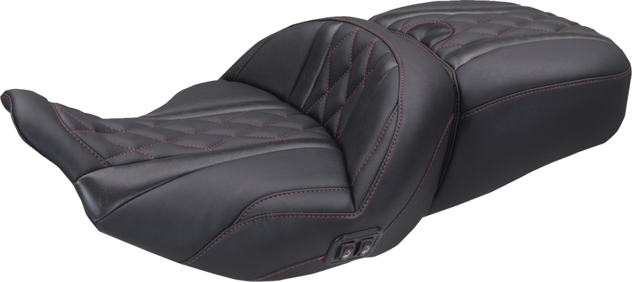 MUSTANG Heated Super Touring One Piece 2-Up Seat - Deluxe Diamond - Dark Cherry Stitch - FLT/FLH '23-'26 89410DC