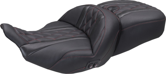MUSTANG Heated Super Touring One Piece 2-Up Seat - Deluxe Diamond - Dark Cherry Stitch - FLT/FLH '23-'26 89410DC