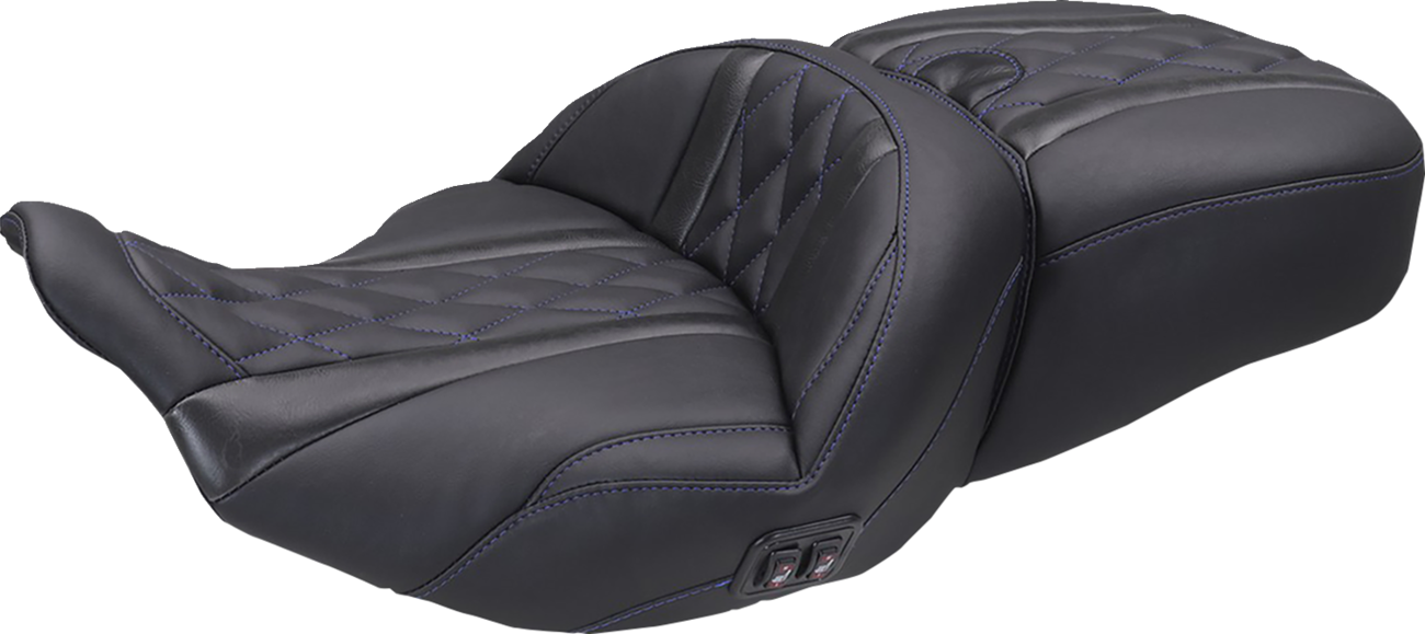 MUSTANG Heated Super Touring One Piece 2-Up Seat - Deluxe Diamond - Sky Blue Stitch - FLT/FLH '23-'26 89410SB
