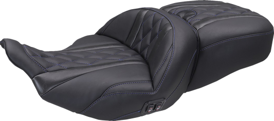 MUSTANG Heated Super Touring One Piece 2-Up Seat - Deluxe Diamond - Sky Blue Stitch - FLT/FLH '23-'26 89410SB