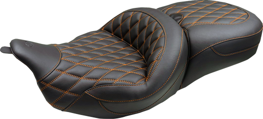 MUSTANG Super Touring Seat - Double Diamond - Mandarin Orange Stitch FLH/FLT '08-'25 89538MO