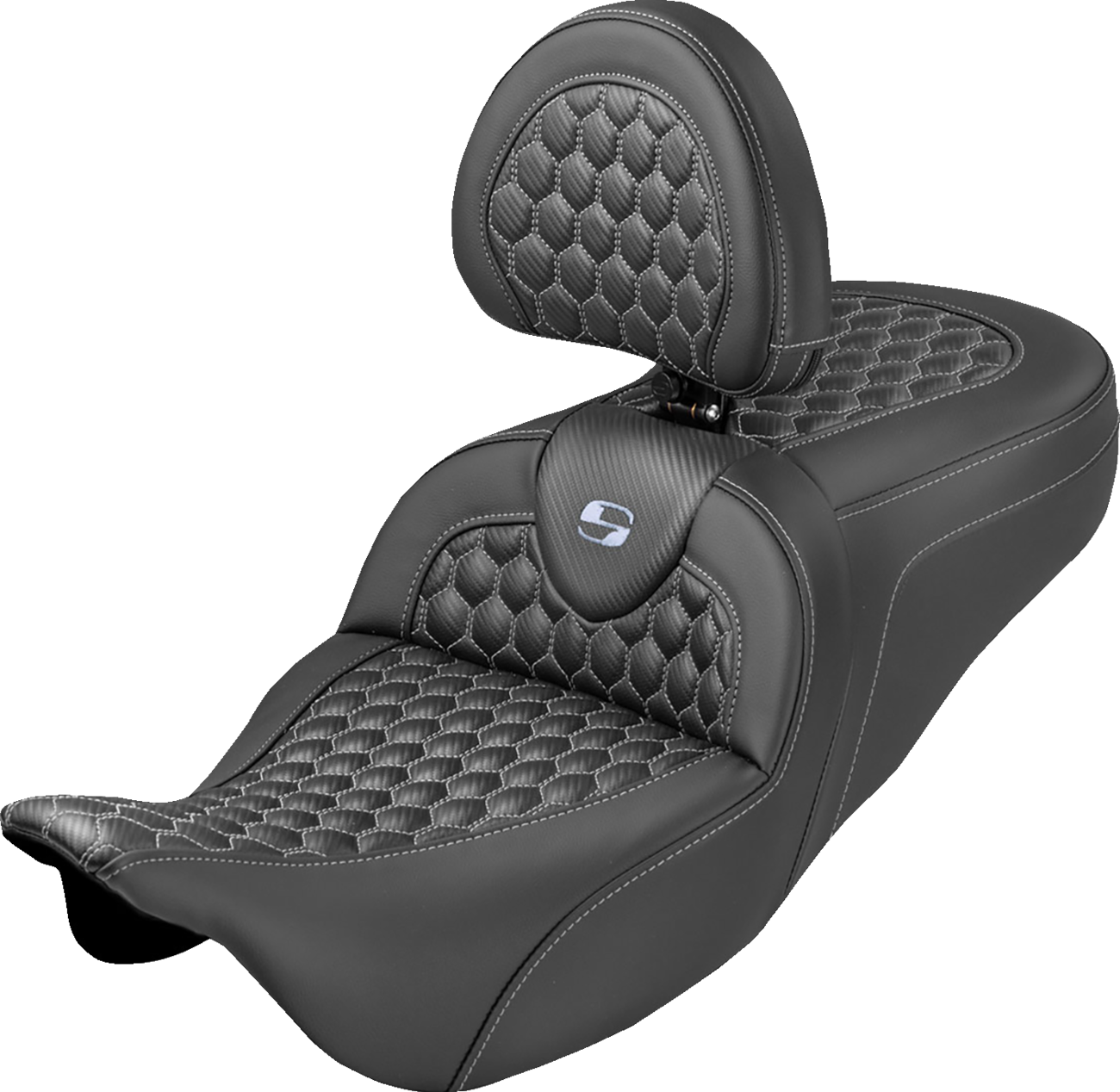 SADDLEMEN Extended Reach RoadSofa™ Seat - Honeycomb - Silver Stitch - with Backrest - FLH/FLT '08-'25 808-07B-190B5