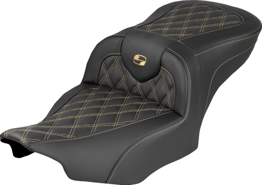 SADDLEMEN Extended Reach RoadSofa™ Seat - without Backrest - Lattice Stitch - Gold Stitch - FLH/FLT '23-'26 823-07-18407