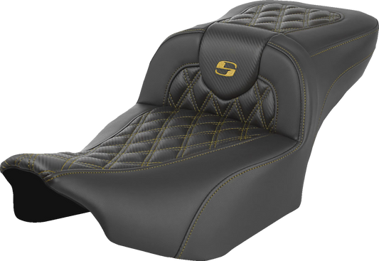 SADDLEMEN Extended Reach Roadsofa™ Seat - Carbon Fiber - without Backrest - Gold Lattice Stitch - FL '23-'25 823-07-20707