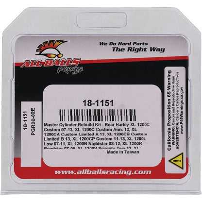 All Balls Racing Master Cylinder Rebuild Kit (Part #18-1151) for Motorcycle and ATV Brake Systems